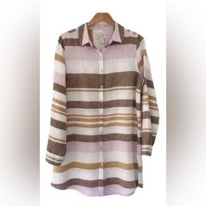 Rachel Zoe Lightweight 100% Linen Brown Lilac Gold Striped Button Down Tunic M